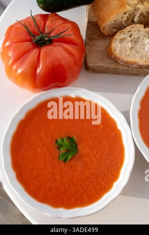 Célèbre soupe de légumes de Cordoue, Andalousie salmorejo servi froid dans le café pour le déjeuner comme plat d'entrée, nourriture végétarienne Banque D'Images