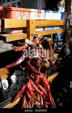 17 février 2008 - Heviz, Hongrie - grappes de poivrons rouges séchés exposées à Heviz, Hongrie. Le paprika est une épice issue du broyage de poivrons rouges sucrés séchés et est utilisé comme ingrédient dans une grande variété de plats à travers le monde (crédit image : NorthFoto/ZUMAPRESS.com) Banque D'Images