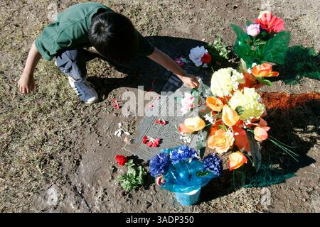 01 nov. 2005 ; San Antonio, TX, États-Unis ; JOHNNY SENTENA, 8 ans, saupoudre des pétales de fleurs sur la tombe de son arrière-grand-père au cimetière de San Fernando à San Antonio, Texas, le mardi 1er novembre 2005. Le cimetière était rempli de membres de la famille honorant leurs proches décédés pour le jour des morts, qui est le 2 novembre. (Crédit image : Rumbo/ZUMAPRESS.com) Banque D'Images