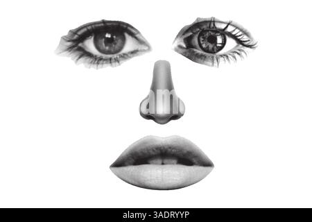 Collage demi-ton utilisé dans la conception de supports mixtes. Oreille, nez, lèvres et yeux avec une texture demi-teinte Illustration de Vecteur