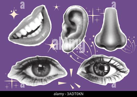 Collage demi-ton utilisé dans la conception de supports mixtes. Oreille, nez, lèvres et yeux avec une texture demi-teinte Illustration de Vecteur