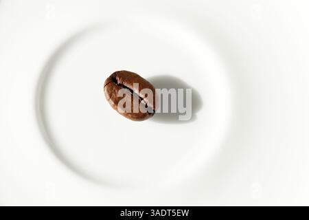 Un seul grain de café placé sur un fond blanc, capturé dans un style minimaliste. Parfait pour des thèmes comme la simplicité, la pureté, la mise au point ou le café haut de gamme Banque D'Images