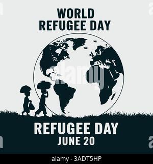 Salutations de la Journée mondiale des réfugiés mettant en vedette des silhouettes de personnes et un globe. Idéal pour les campagnes de sensibilisation, les promotions d'événements humanitaires et les relations sociales Illustration de Vecteur