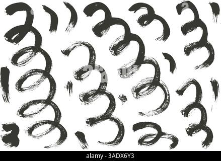 Le pinceau sec noir grince les lignes. Confettis spirales dessinés à la main. Teinture d'encre noir éléments de gribouillage linéaire ensemble isolé sur fond blanc. Doodle l Illustration de Vecteur