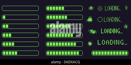 Interface de barre de chargement rétro Pixel art. éléments de bouton de progression 8 bits définis et texte. Les signes d'attente de console de course verte dans le style rétro des années 80. Ensemble de vecteurs Illustration de Vecteur