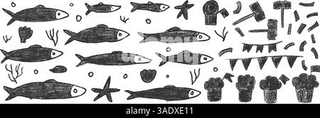 Jeu de doodle de poissons. Formes de marqueurs dessinées à la main de sardines. Festival Santos populares. Manjerico, vecteur de poissons dessiné à la main Portugal partie traditionnelle el Illustration de Vecteur
