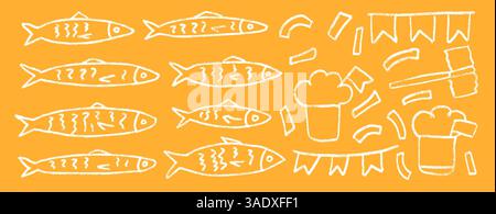 Jeu de griffes à la craie pour poissons. Festival Santos Populares. Sardines gribouillage dessiné à la main. École de poissons avec des algues, manjerico, éléments de parti . Vecteur i Illustration de Vecteur
