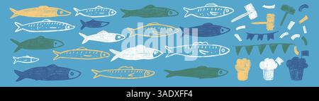 Jeu de griffonnages de ligne de poissons. Festival Santos Populares. Sardines, marteau, confettis gribouillage dessiné à la main. Poisson avec guirlandes, manjerico, éléments de fête. VEC Illustration de Vecteur