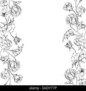 Fleurs blanches de framboise cloudberry avec des feuilles d'automne, ligne de baies de forêt mûres sur des tiges à l'encre vectorielle dessinée à la main. Illustration de guirlande de bannière sans couture Illustration de Vecteur