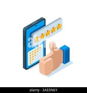 icône isométrique like et étoiles sur l'écran du smartphone sur fond blanc, taux ou augmenter la note Illustration de Vecteur