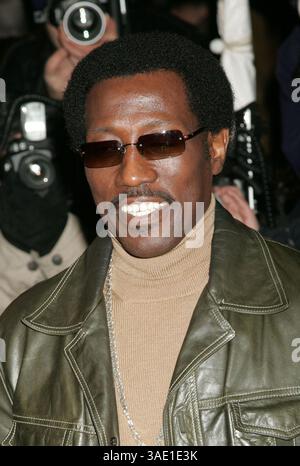 17 octobre 2006 ; New York, NY, États-Unis ; photo du dossier : 20 mars 2006. L'acteur WESLEY SNIPES lors de la première mondiale de « Inside Man » au Ziegfeld Theatre. Snipes a été inculpé mardi 17 octobre pour huit chefs de fraude fiscale l'accusant d'avoir tenté de tromper le gouvernement de 12 millions de dollars en fausses demandes de remboursement. Snipes, 44 ans, a également omis de produire des déclarations de revenus pendant six ans, selon un acte d'accusation rendu public à Tampa, en Floride. Les procureurs fédéraux ont déclaré que Snipes avait frauduleusement réclamé des remboursements totalisant près de 12 millions de dollars en 1996 et 1997 sur les impôts sur le revenu. Snipes risque 16 ans de prison.. (Crédit image : Nancy Kas Banque D'Images