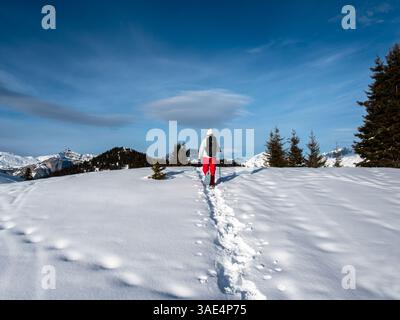 Chamonix, France 23 janvier 2025 Une personne portant une veste blanche et un pantalon rouge monte une colline de montagne fraîchement enneigée avec un sac à dos et bouge Banque D'Images