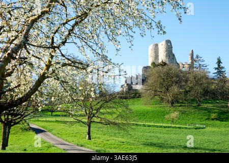 Le château de Pfeffingen ruine tour haut au-dessus du village du même nom et de la vallée de Birseck Banque D'Images