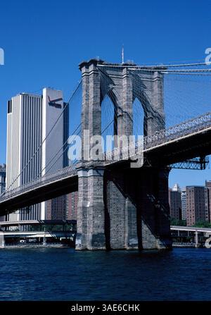 29 septembre 2002 ; New York, NY, États-Unis ; sans doute le pont le plus influent de l'histoire américaine, le pont de Brooklyn reste l'une des merveilles architecturales les plus célèbres de New York CityÕs. Conçue par le brillant ingénieur John Augustus Roebling (1806-1869) et complétée par son fils tout aussi ingénieux Washington Roebling (1837-1926), cette élégante structure était, au moment de son achèvement en 1883, le plus long pont suspendu du monde. . (Crédit image : Seamas Culligan/ZUMAPRESS.com) Banque D'Images