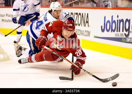 21 janvier 2012 - Glendale, Arizona, U. S - le défenseur des Phoenix Coyotes Chris Summers (20 ans) et le centre Lightning de Tampa Bay Nate Thompson (44 ans) tentent de mettre la main sur la rondelle dans le match de hockey de la LNH entre le Lightning de Tampa Bay et les Coyotes de Phoenix à l'aréna Jobing.com à Glendale, Arizona. (Crédit image : © Keith Charles/Southcreek/ZUMAPRESS.com) Banque D'Images
