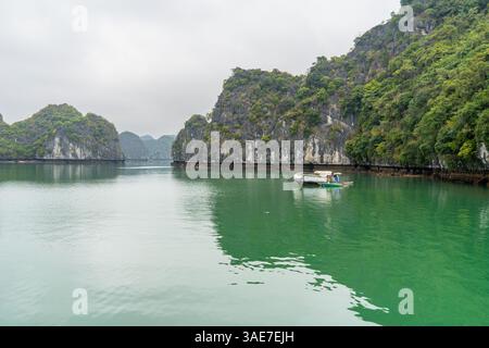 Un bateau serein flotte sur les eaux tranquilles de la baie d'Ha long, au Vietnam, entouré de karsts de calcaire luxuriants. L'eau émeraude reflète le ciel couvert. Banque D'Images