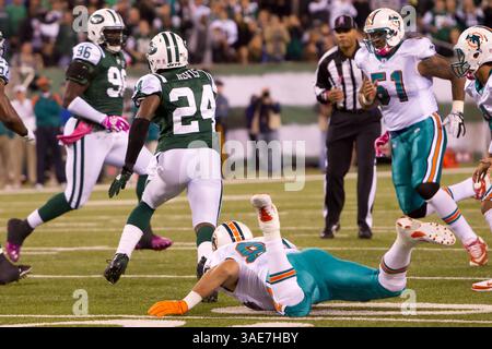 17 octobre 2011 : Darrelle Revis (24 ans), cornerback des jets de New York, revient sur l'interception dans la zone finale qu'il reprend pour un touchdown lors du match NFL entre les Dolphins de Miami et les jets de New York au MetLife Stadium à East Rutherford, New Jersey. (Crédit image : © Chris Szagola/Cal Sport Media/ZUMAPRESS.com) Banque D'Images