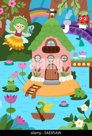 Vecteur fond de fée vertical avec maison de fées de marais. Paysage de terre magique. Paysage boisé avec princesse, forêt enchantée, rivière, pont, fr Illustration de Vecteur