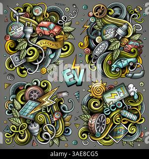 Véhicules électriques vecteur de dessin animé ensemble de conceptions de doodle. Compositions détaillées colorées avec beaucoup d'objets EVobjects et de symboles Illustration de Vecteur