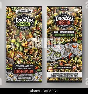 Dessin animé vecteur coloré mignon dessiné à la main doodles identité d'entreprise de l'Amérique latine. conception de 2 bannières verticales. Ensemble de modèles. Tous les objets se séparent Illustration de Vecteur