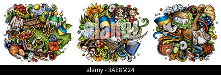 Ensemble de motifs de dessin animé à motif de caniche Ukraine. Compositions détaillées colorées avec beaucoup d'objets et de symboles ukrainiens. Isolé sur des illustrations blanches Illustration de Vecteur