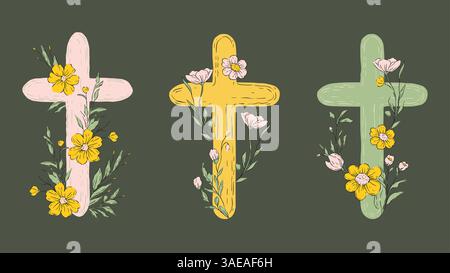 Ensemble de croquis de Pâques Collection rustique Jesus Crosses religion vecteur floral catholique Vintage Pastel Blooming Flowers Illustration de Vecteur