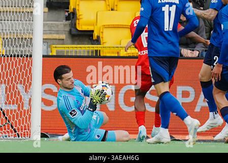 Farum, Danemark. 06 avril 2025. FC Nordsjaelland moeder FC Koebenhavn i mesterskabsspillet paa droit à Dream Park i Farum soendag den 6. avril 2025. Crédit : Ritzau/Alamy Live News Banque D'Images