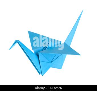 Bleu orizuru, grue japonaise origami, en papier pliant. Le plus classique de tous les designs origami. Banque D'Images