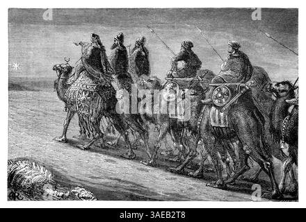 Gravure vintage de Noël des trois sages suivant l'étoile à Bethléem. Banque D'Images