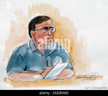 18 novembre 2003 ; Modesto, CALIFORNIE, États-Unis ; People c. Scott Lee Peterson audiences préliminaires dans Modesto. Peterson est jugé pour le double meurtre de sa femme Laci et de leur fils à naître Conner. Photo : Det. STOCKHAM témoignant. (Crédit image : Joan Lynch/ZUMAPRESS.com) Banque D'Images