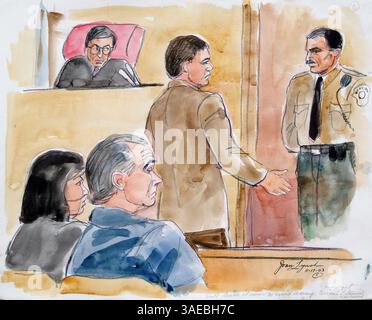 18 novembre 2003 ; Modesto, CALIFORNIE, États-Unis ; People c. Scott Lee Peterson audiences préliminaires dans Modesto. Peterson est jugé pour le double meurtre de sa femme Laci et de leur fils à naître Conner. Photo : SCOTT PETERSON essaie de quitter la salle d'audience pour éviter d'entendre le témoignage de DR PETERSONS. (Crédit image : Joan Lynch/ZUMAPRESS.com) Banque D'Images