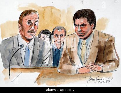 18 novembre 2003 ; Modesto, CALIFORNIE, États-Unis ; People c. Scott Lee Peterson audiences préliminaires dans Modesto. Peterson est jugé pour le double meurtre de sa femme Laci et de leur fils à naître Conner. Sur la photo : MARK GERAGOS et SCOTT PETERSON. (Crédit image : Joan Lynch/ZUMAPRESS.com) Banque D'Images