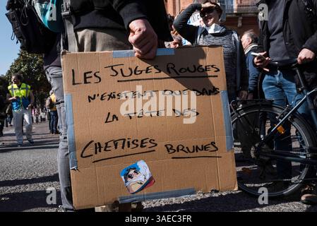 Toulouse, France. 06 avril 2025. Une pancarte, les juges rouges, n'existe que dans l'esprit des chemises brunes. Contre-manifestation de gauche convoquée par LFI et les écologistes, CGT, contre la manifestation de la RN pour Marine le Pen, à Toulouse, France, le 6 avril 2025. Photo de Patricia Huchot-Boissier/ABACAPRESS. COM Credit : Abaca Press/Alamy Live News Banque D'Images