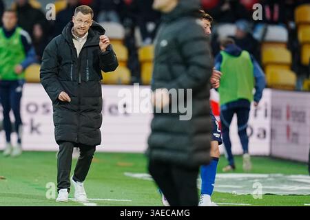 Farum, Danemark. 06 avril 2025. FC Nordsjaelland moeder FC Koebenhavn i mesterskabsspillet paa droit à Dream Park i Farum soendag den 6. avril 2025. Crédit : Ritzau/Alamy Live News Banque D'Images