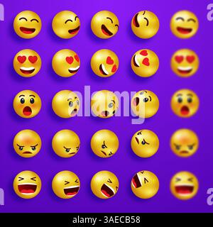 Sourire fait face à des émoticônes heureuses. Jeu d'emoji 3d jaune. Icônes de visage souriant avec différentes expressions. Les personnages vectoriels de dessin animé sourient et les visages tristes Illustration de Vecteur