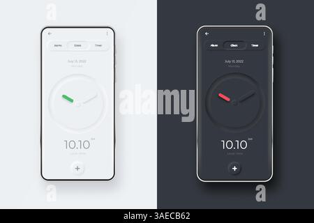 Kit Neumorphic UI sur l'écran du smartphone. Horloge sur modèle de smartphone noir et blanc. Application d'interface mobile. Modèle de vecteur d'interface utilisateur Illustration de Vecteur