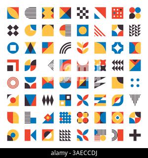 Éléments géométriques simples inspirés du bauhaus. Formes abstraites modernes minimes. Carreaux rétro abstraits avec cercles et triangles. Figures carrées de base Illustration de Vecteur