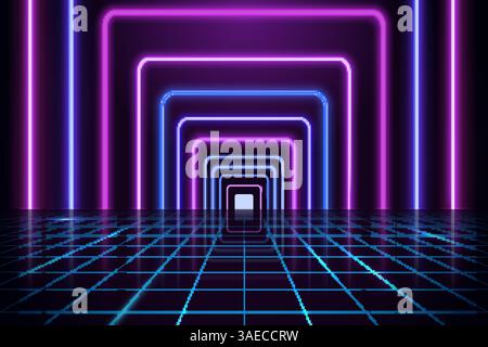 Fond sombre avec des rectangles néons brillants et une grille de perspective. Des cadres lumineux brillants et des reflets. Chambre futuriste avec néon violet et bleu Illustration de Vecteur