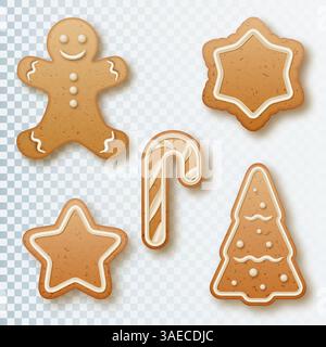 Biscuits de Noël en pain d'épice. Ensemble de diverses formes homme, flocon de neige, arbre, bonbons et étoile. Collectez les figurines de biscuits en pain d'épice Illustration de Vecteur