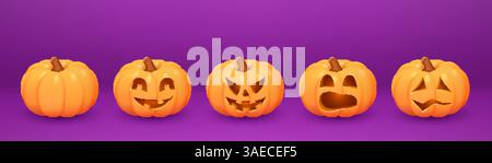 Citrouilles oranges réalistes. Visages sculptés de citrouille avec yeux et bouche. Personnages drôles et effrayants d'halloween. Mise en place pour Halloween Illustration de Vecteur