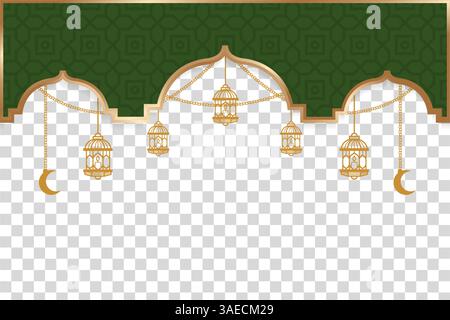 Bannière festive du Ramadan ornée d'un motif en mosaïque verte islamique, ornée d'élégantes lanternes dorées, parfaite pour célébrer le mois sacré. Illustration de Vecteur