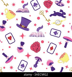 Wonderland éléments de motif lapin, chat Cheshire, cartes flamant rose chapeau tasse et champignons et horloge Illustration de Vecteur