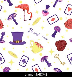 Wonderland éléments de motif lapin, chat Cheshire, cartes flamant rose chapeau tasse et champignons et horloge Illustration de Vecteur