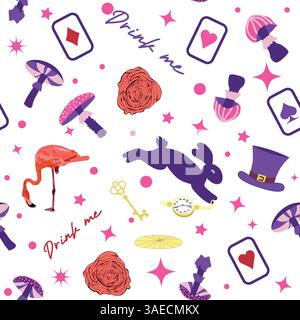 Wonderland éléments de motif lapin, chat Cheshire, cartes flamant rose chapeau tasse et champignons et horloge Illustration de Vecteur