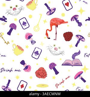 Wonderland éléments de motif lapin, chat Cheshire, cartes flamant rose chapeau tasse et champignons et horloge Illustration de Vecteur