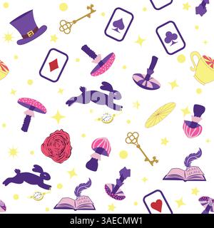 Wonderland éléments de motif lapin, chat Cheshire, cartes flamant rose chapeau tasse et champignons et horloge Illustration de Vecteur