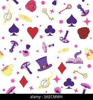 Wonderland éléments de motif lapin, chat Cheshire, cartes flamant rose chapeau tasse et champignons et horloge Illustration de Vecteur