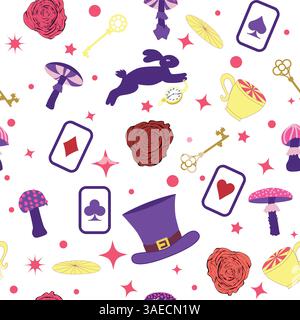 Wonderland éléments de motif lapin, chat Cheshire, cartes flamant rose chapeau tasse et champignons et horloge Illustration de Vecteur
