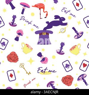 Wonderland éléments de motif lapin, chat Cheshire, cartes flamant rose chapeau tasse et champignons et horloge Illustration de Vecteur