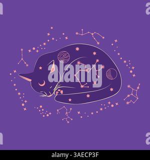 Chat mystique dans le style boho entouré d'étoiles, signes du zodiaque, balles, empreintes de pattes, collection de silhouette. Ésotérisme et mysticisme, occultisme. Dessin animé Illustration de Vecteur